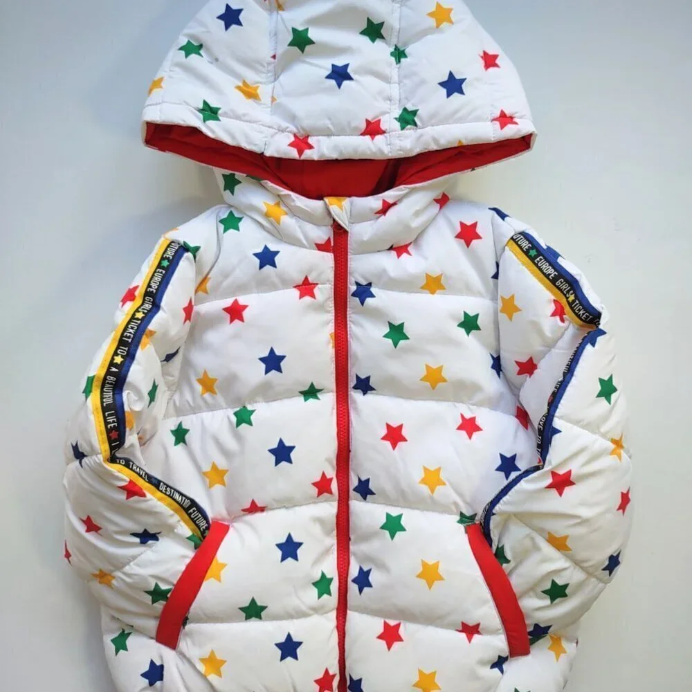 United Colors Benetton Girl's Puffer Jacket Full Zip Multicolor Stars Sz 3-4 Yrs